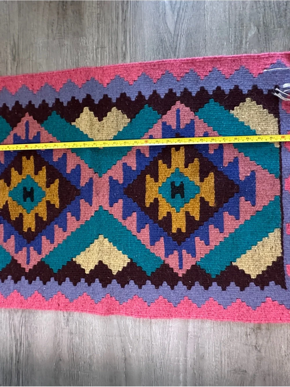 Handwoven Persian Rug 39”x24” Boho Geometric Accent Rug in Pink, Teal, Yellow